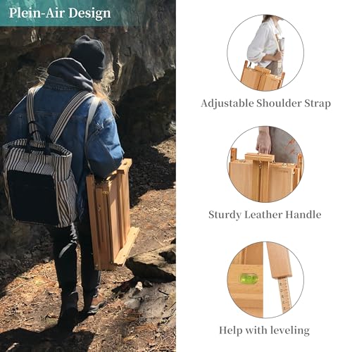 VISWIN French Easel for Painting with Palette, Shoulder Strap & Storage, Adjustable Beech Wood Travel Art Easel Stand, Portable Sketchebox Plein-Air Easel for Adults, Artists, Table Top & Floor Use