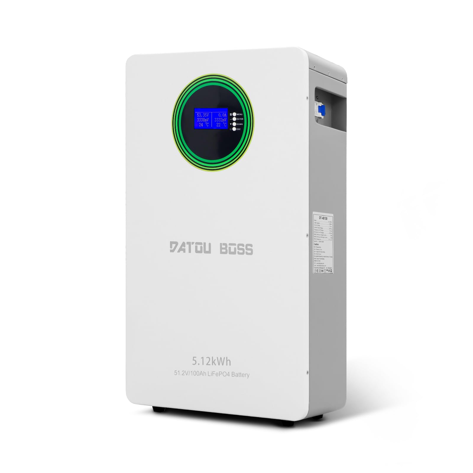 DATOUBOSS Batteria LiFePO4 48V 100Ah a parete, 5120Wh batteria fotovoltaico accumulo, con BMS 100A e display LCD, espandibile in parallelo, per sistemi fotovoltaici, solari e applicazioni off-grid