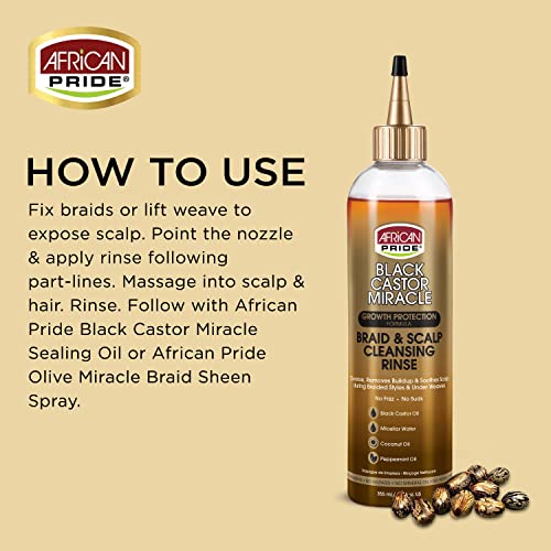 African Pride Black Castor Miracle Braid & Scalp Cleansing Rinse - Removes Hair Build Up & Soothes Scalp, No Frizz, Contains Black Castor Oil, Micellar Water, Coconut Oil, Peppermint Oil, 12 Oz #TOP2