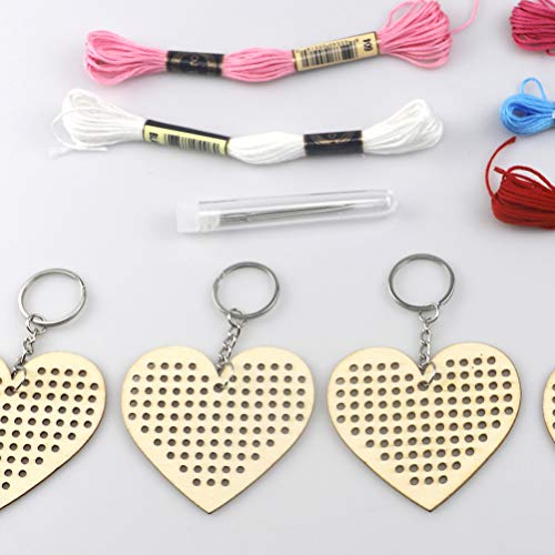 Image of EXCEART 5pcs Heart-Shaped Wooden Cross Stitch Keychain Kit DIY Craft Decoration Handmade Bookmark Set Embroidery Accessories for Beginners Random Colors