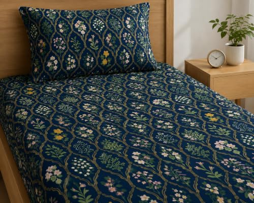 Image of LOOMLYFE Microfiber Soft Cotton Single Bed Bedsheet for Diwan Bed, Size 60 Inches X 90 Inches, 152 X 230 cm with 1 Large Size Pillow Covers Without Joint - NavyJaipuri