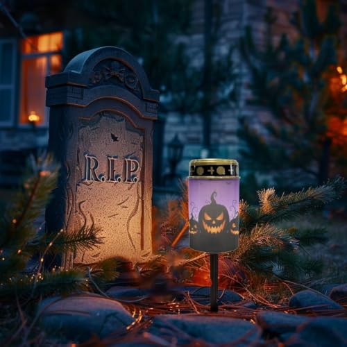 Image of Poceacles Outdoor Solar Powered Cemetery Lights Grave Outdoor Stake Lights Garden Solar Lantern Flameless Candles Halloween Garden Decoration, Pumpkin Bat Print Violet