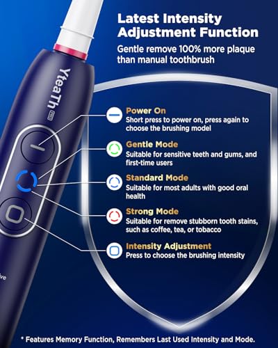Image of Electric Toothbrush for Teeth Whitening - Adult Toothbrush with 3 Intensities 5 Modes, 8 Brush Heads, IPX7 Waterproof, Travel Electric Toothbrush, Blue