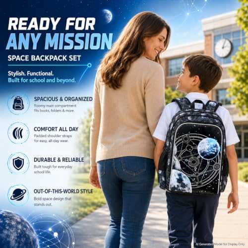 Image of AGSDON 3PCS Boys Backpack, 17 inch Kids Bookbag with Lunch Box for Boy, Planet Backpacks Water Resistant and Lightweight for Teen