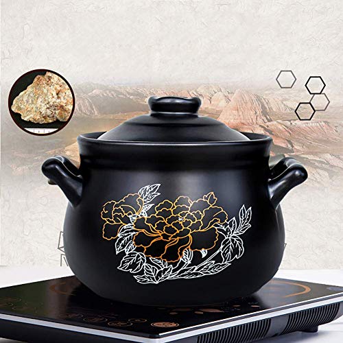 SCJ Cazuela Redonda de cerámica, patrón de Flores Olla de Barro Olla Resistente al Calor Olla para Sopa con Tapa para cocción Lenta Cacerola Saludable Negro 4.75Quart