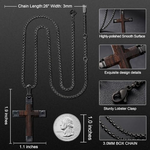 Image of Wooden Cross Necklace for Men with Stainless Steel Adjustable Chain 24-26in, Christian Wood Crucifix Pendant Gift for Him