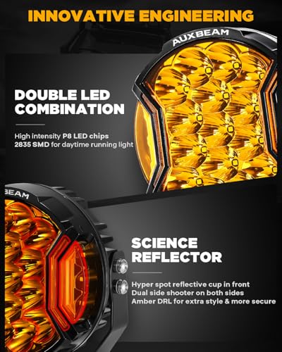 Image of Auxbeam V-Ultra Series 7-Inch Side Shooter Amber LED Offroad Lights 2-Pack | 270 Wide Coverage, DRL 3-in-1, Hyper Spot Lights, 26800LM 226W, Protective Covers, Round Fog Lights, Yellow Light Bar