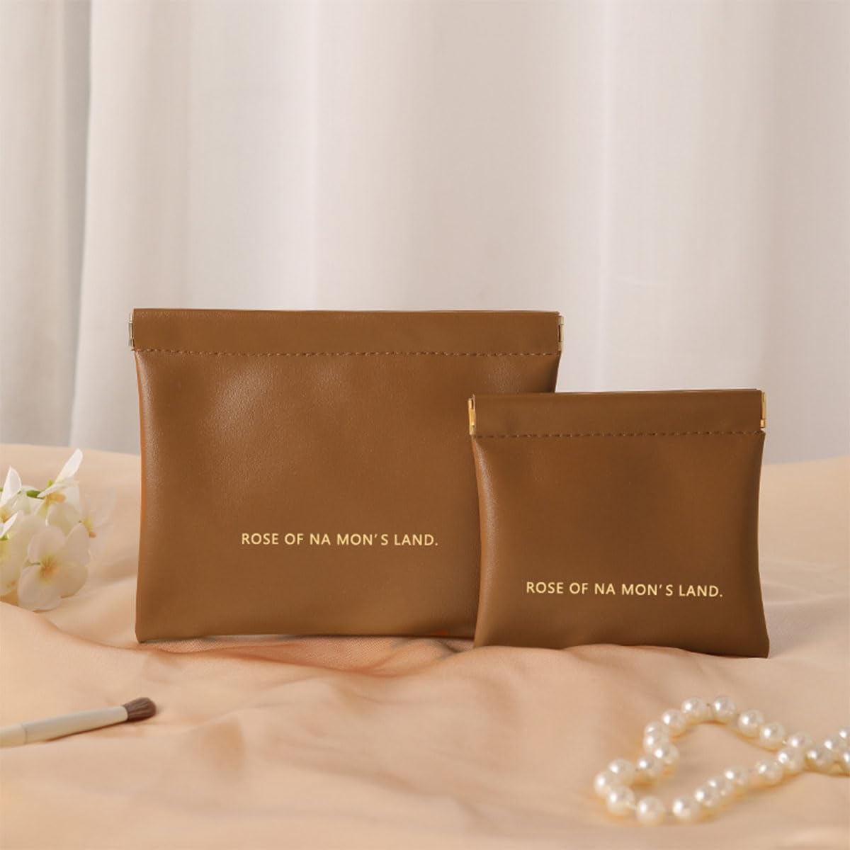 Small 2-piece makeup bag, portable makeup bag, data cable headset glasses storage bag, sanitary napkin storage bag, wallet coin bag，holiday gift (brown) image 3