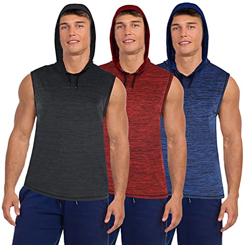 Sleeveless Muscle Hoodies for Men 3 Pack Dry Fit Moisture Wicking Workout Tanks