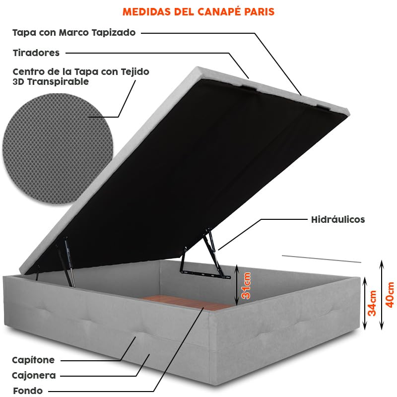 Ventadecolchones - Canapé Abatible París Gran Capacidad Tapizado en Polipiel Blanco Roto Medida 150 x 200 cm