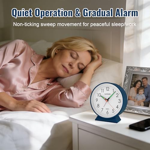 Image of Lamisola 4.5 Inch Small Silent Analog Alarm Clock, Retro Battery Operated Desk Clock with Night Light Stays On 4 Seconds Vintage Metal Table Clock for Bedside, Bedroom, Office, Bathroom - Navy Blue