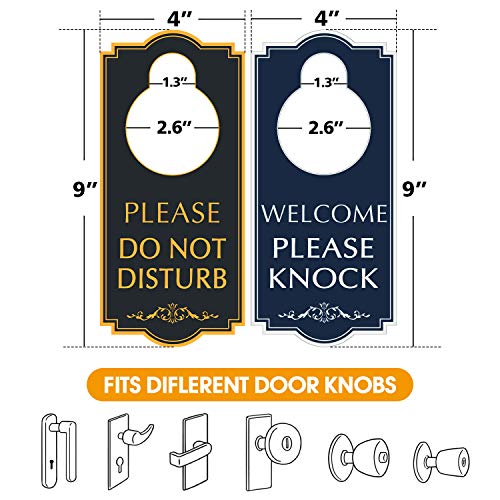 (4 Pack) Do Not Disturb Door Hanger - Welcome Please Knock Door Sign, Black/Blue Double Sided, 4 X 9 Inches Pvc Plastic Perfect For Home, Clinic, Dorm, Hotel, Office, Spa, Law Firm, Massage #TOP1