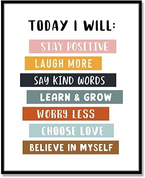Today I Will Positive Quotes Print, Educational Wall Art for Classroom or Playroom, Inspirational Affirmation Poster for Kids, Unframed 11X14 INCH