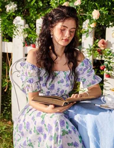 Image of Scarlet Darkness Women's Floral Print Summer Dresses Square Neck Puff Sleeve A Line Flowy Dress Boho Maxi Dress Purple 2XL