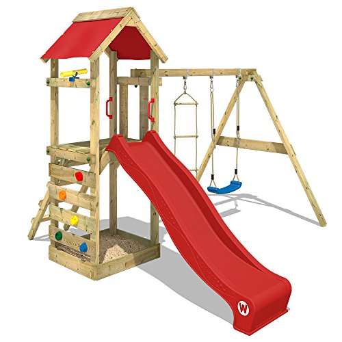 WICKEY Spielturm FreeFlyer Kletterturm mit Rutsche Schaukel Sandkasten Kletterwand Sandkasten, rote Dachplane + rote Rutsche