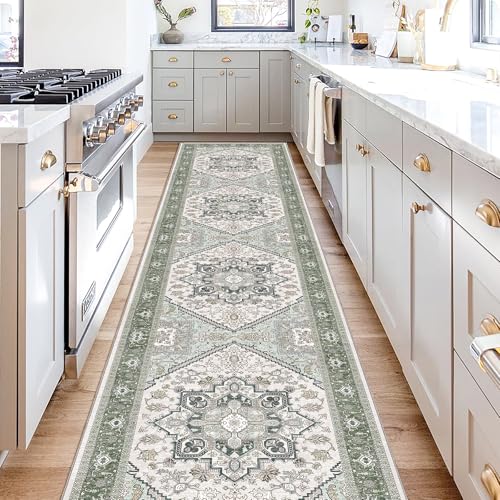 OPPODREAM Soft Entryway Rug 2x10, 2x10 Rug Runner, Washable Hallways Carpet 2 x 10 with Non Slip Backing, Low-Pile Bedside Carpet 2 x 10, Long, Faux Cashmere, Green