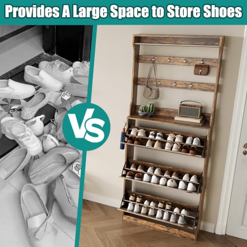 Image of Shoe Cabinet for Entryway with 3 Flip Drawers, Brown Tall Wood Shoe Storage Cabinet with Coat Rack, Narrow Hidden Slim Freestanding Shoe Rack Organizer, 2 in 1 Hall Tree for Living Room, Hallway