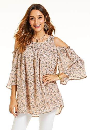 SONJA BETRO Women's Printed Floral Chiffon Cold Shoulder Ruffle Trim Elbow Length Bell Sleeve Tunic Top X-Large