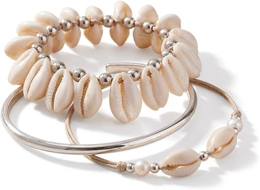Chawla's Luxe Cowrie Shell Bracelet Pair for Women | Boho Beach Style Wrist Bracelet Set | Lightweight Summer Jewelry