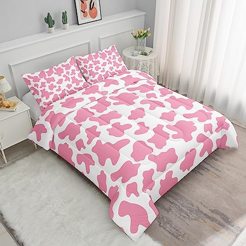 Axolotl Cow Print Comforter Set - Twin, Cartoon Milk Cow Bedding Set, Farmhouse Style, Kids Boys Girls Teens, 1 Quilt 2 Pillowcases, Pink White