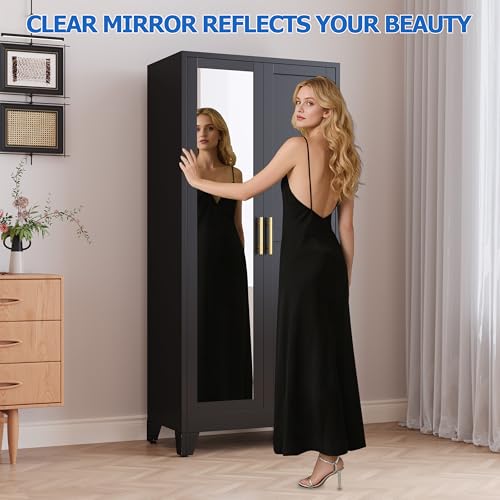 Image of GAIOUS Metal Wardrobe Cabinet with Mirror and Hanging Rod, 71 inch Black