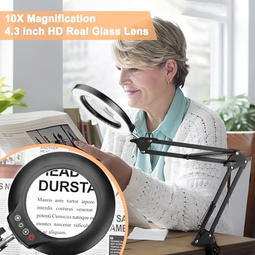 Drdefi 10X Magnifying Glass Lamp with Light and Adjustable Stand for Craft and Reading Use