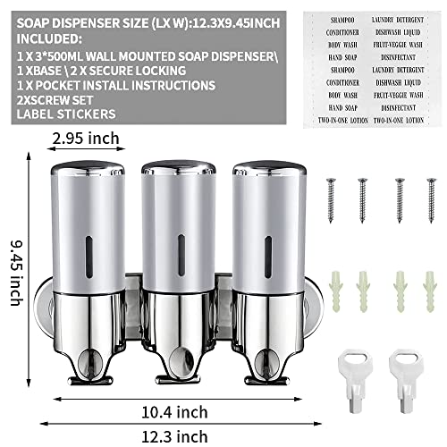 Prosfalt 3 In 1 Chamber Wall Mounted Bathroom Shower Pump Dispenser And Organizer-Holds Shampoo, Soap, Conditioner, Shower Gel, For Bathroom Kitchen Hotel (Silver) #TOP5