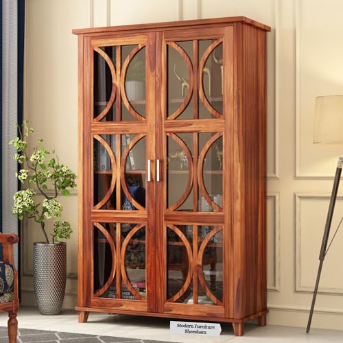 Image of Wooden Crockery Cabinets with Glass Door | Wooden Showcase Almirah | Solid Wood Book Shelf Crockery Unit for Kitchen Living Room