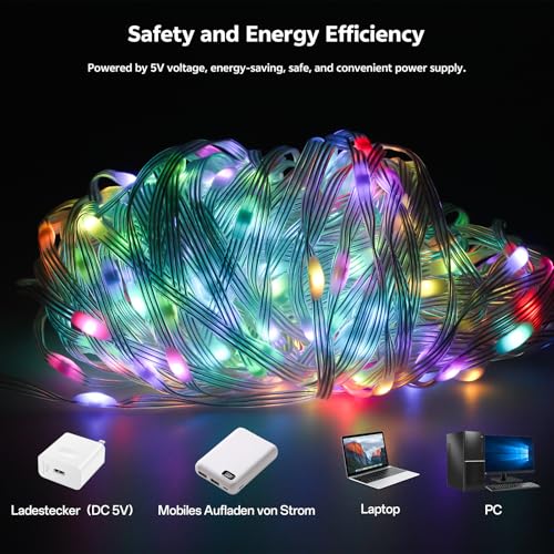 Lichterkette Außen, 20M 200LED IP65 Wasserdichte RGB Lichtschlauch Außen App-Steuerung mit USB-Anschluss für Balkon/Garten/Party/Halloween/Weihnachten