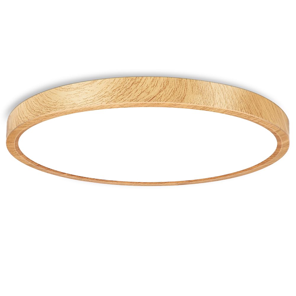 12 Inch Yellow Wood Grain LED Ceiling Light Fixture Flush Mount, 4000K Natural White, 24W Flat Modern Round Closet Lighting Fixtures, 3200LM Low Profile Circle Ceiling Lamp for Hallway, Bedrooms.etc.