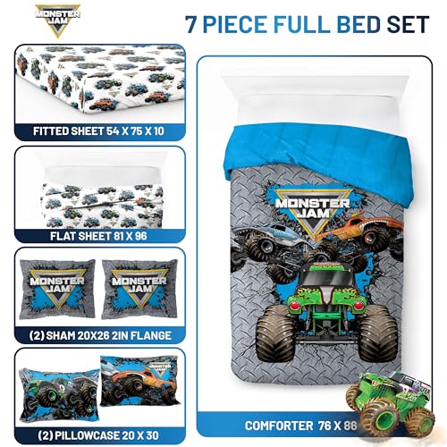 Image of Monster Jam Full Size Comforter Set 7 Piece Kids Bedding for Boys, Gray