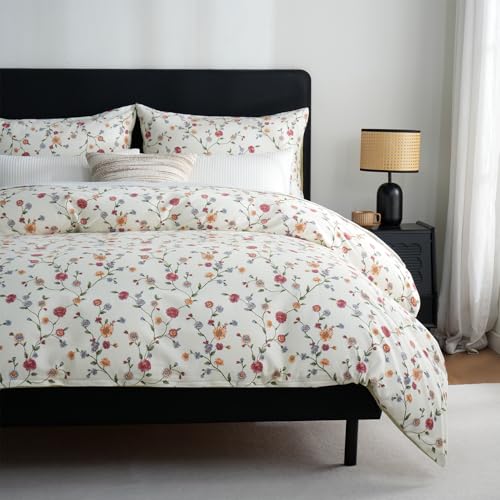 Zusbest Duvet Cover Queen White Green 100% Percale Cotton Cottagecore