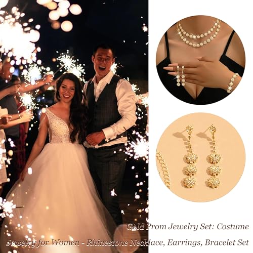 HUASAI Gold Jewelry Set Costume Jewelry for Women Rhinestone Necklace Earrings Bracelet Sets Formal Prom Dress Accessories Wedding Sets for Brides Guest New Years Eve Party Supplies Outfits Women - Thumbnail 4