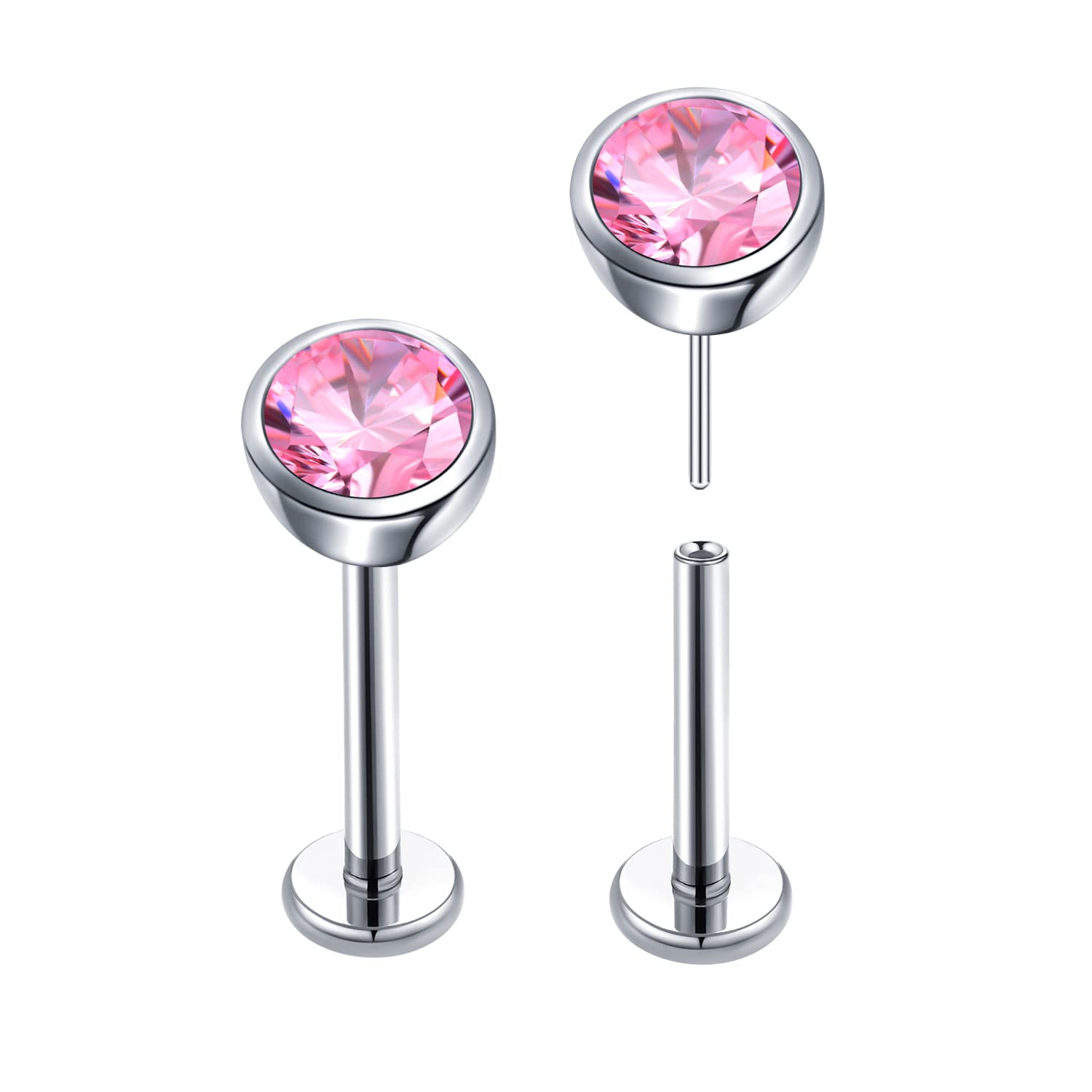 VOJOVOJO Flat Back Stud Earrings 20G G23 Titanium CZ Hypoallergenic Threadless Cartilage Piercing Jewelry for Women