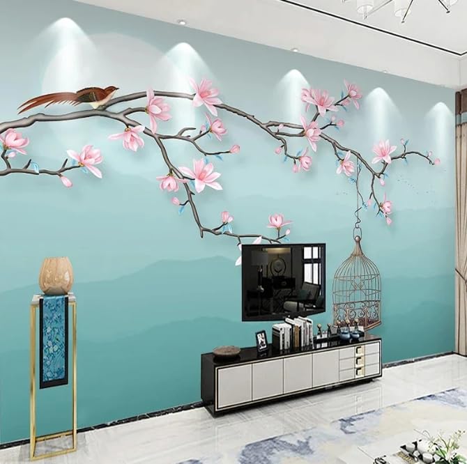 Papier peint photo pour agrandir une petite pièce avec un décor mural floral 3D bleu