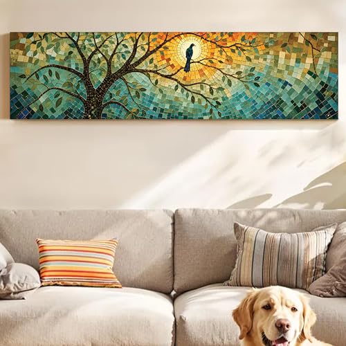 Image of Abstract Botanical Tree Stretched Canvas Wall Art Painting for Living Room, Stained Glass Style Mosaic Nature Canvas Wall Decor For Livingroom, Bedroom, Office, Hallway's, Hotel 12x46 Inch