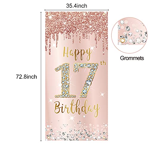Image of Happy 17th Birthday Door Banner Decorations for Girls, Pink Rose Gold 17 Birthday Door Cover Backdrop Party Supplies, Large Seventeen Year Old Birthday Poster Sign Decor