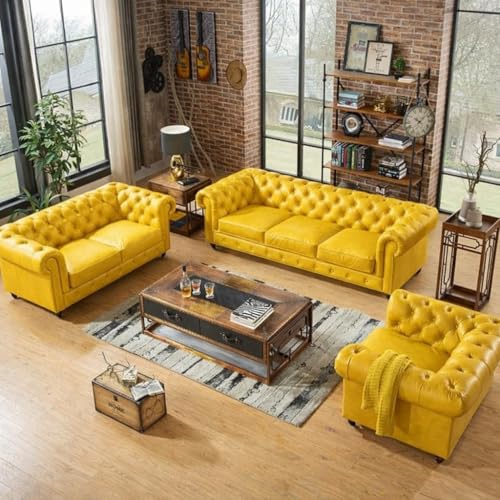 Image of A to Z Furniture Classic Sofa Set Luxury Chesterfield Leatherette Sofa in for Home Living Room & Office (3+2+1=6 Seater Sofa Yellow)