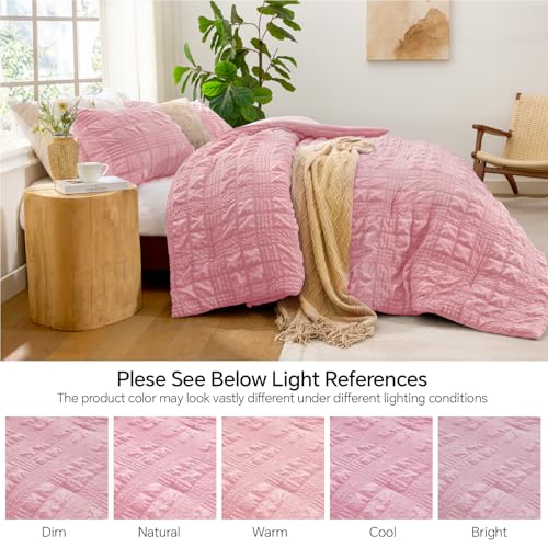 Image of BEDELITE Queen Comforter Set, Seersucker Bedding Set 3 Pieces, Pink | All Season Use, Machine Washable, Soft and Lightweight, Ruched Comforter for Bedroom, Wrinkle-Resistant, Cozy and Stylish