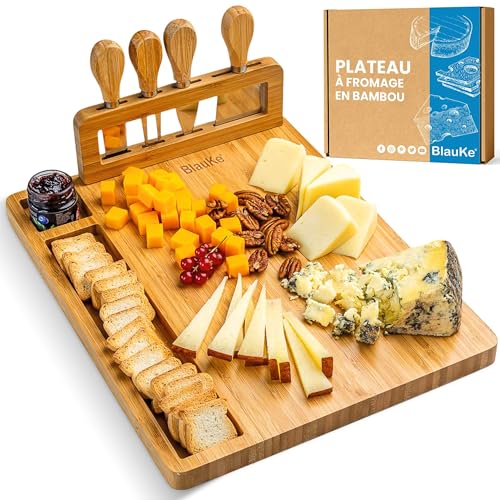 Plateau à Fromages en Bois avec Couteaux à Fromage – Planche Assiette en Bois pour Aperitif, Charcuterie ou Petit-Déjeuner – Plateau à Fromage en...