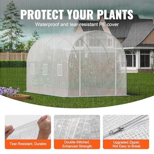 Image of VEVOR Walk-in Tunnel Greenhouse, 9.6x6.4x6.2 ft Hoop House Greenhouse Tunnel, Plant Hot House with Galvanized Steel Frame, White PE Cover, Roll-up Zipper Door and 6 Windows for Outdoor