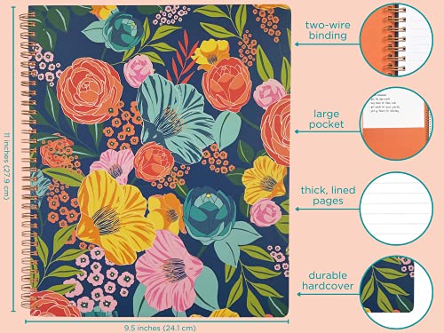 Steel Mill & Co Cute Large Spiral Notebook College Ruled, 11" X 9.5" With Durable Hardcover And 160 Lined Pages, Garden Blooms (Navy) #TOP2