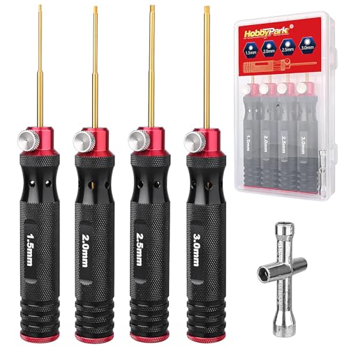 HobbyPark Titanium Hex Driver Allen Screwdriver Set 1.5mm 2.0mm 2.5mm 3.0mm Extended Thickened Handle for RC Crawler RC Car Truck Buggy On Road Touring Drift (Black & Red Handle)