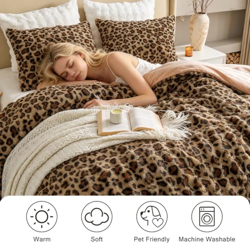 Image of EMME Fluffly Faux Rabbit Fur Bubble Comforter Set Queen, Leopard Print