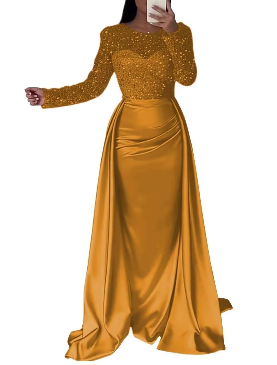 Long Sleeve Sequin Prom Dress Mermaid Satin Formal Dresses with Train Sparkly Evening Gowns for Women LL-M008U