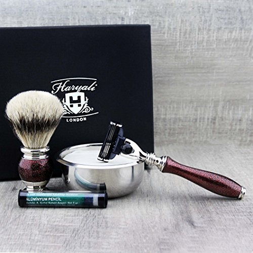 Haryali Maroon Antique zestaw do golenia dla mężczyzn z 3-krawędziową maszynką do golenia, srebrną szczotką z włosia borsuczkowego, miską do golenia, pisakiem do launu i mydłem do golenia
