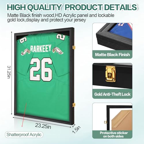 Image of Jersey Frame Display Case 4 Pack for Wall ,Large Lockable T-Shirt Shadow Box with Clear UV Protection Acrylic & Hangers for Football Basketball Baseball Soccer Hockey, Matte Black