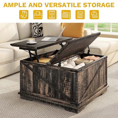 DWVO Lift Top Coffee Table with Storage, Farmhouse Coffee Tables for Living Room, Square Coffee Table with Lifting Top Wood Center Table with Large Hidden Storage, Brown