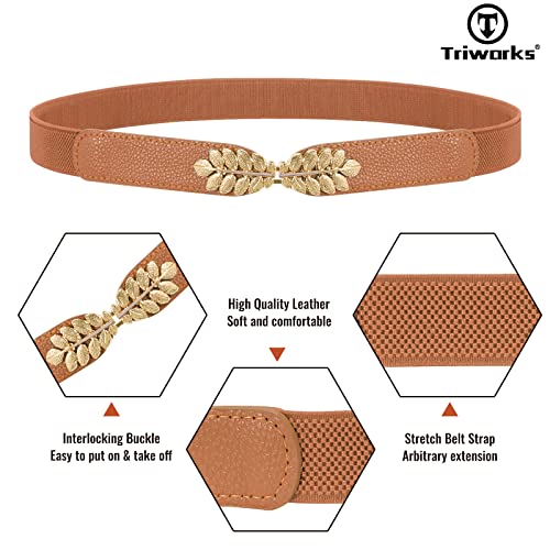 4 Pack Women Skinny Elastic Belt Ladies Fashion Leaf Alloy Buckle Stretchy Thin Waist Belt for Dresses4