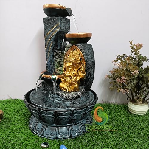 Image of Decorative Table Top Water Fountain for Home Decor /Office /Indoor & Outdoor /Garden /Puja Room /Vaastu with Multicolor LED Light and Adjustable Water Pump (3 Step Diya Ganesh)